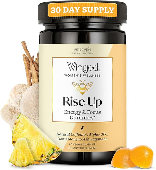 Winged Wellness Rise Up, Energy & Focus Gummies for Women - Daily Brain Boost Gummy Supplement with Natural Caffeine, Ashwagandha, B12, Nootropics Alpha-GPC & Lion’s Mane - Pineapple, 30 Gummies