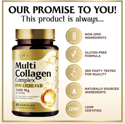 Collagen Peptides for Women – 2400mg Per Serving – Multi Collagen Capsules with Types I, II, III, V & X – Hydrolyzed Collagen Supplement Vital Hair, Skin, Nails, Joints & Bones Support – 60 Capsules
