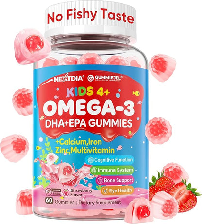 Omega 3 Gummies (EPA/DHA) for Kids 4+, Kids Multivitamin A B1 B2 B12 C D3 K2, Calcium, Iron, Zinc, Selenium, lodine for Brain Cognition, Eye, Bone, Energy, Immune, No Fish Taste, Sugar Free