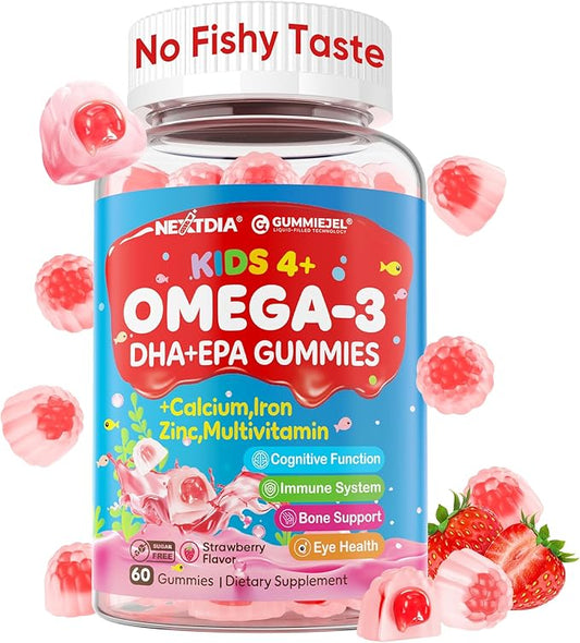 Omega 3 Gummies (EPA/DHA) for Kids 4+, Kids Multivitamin A B1 B2 B12 C D3 K2, Calcium, Iron, Zinc, Selenium, lodine for Brain Cognition, Eye, Bone, Energy, Immune, No Fish Taste, Sugar Free