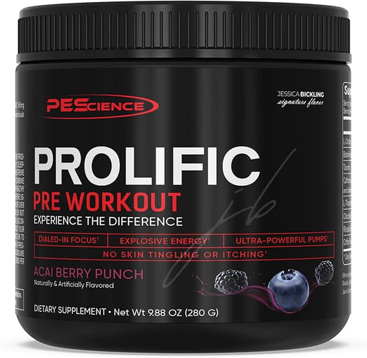 PEScience Prolific Energy Pre Workout – L Citrulline for Nitric Oxide, Rhodiola & CDP Choline Nootropic for Focus – Preworkout for Men & Women – 40 Scoops, Acai Berry Punch