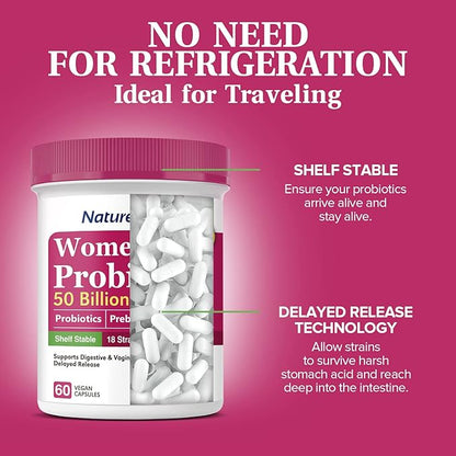 Women’s Probiotics, 50 Billion CFU, 18 Strains for Women, Plus Prebiotic & Cranberry, Support Digestive, Vaginal & Urinary Health, Shelf Stable, 60 Delayed Release Vegan Caps