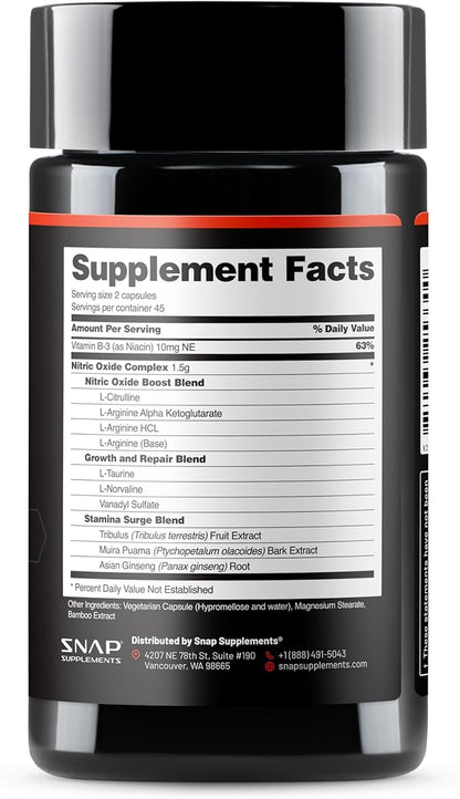 Snap Supplements Nitric Oxide Booster Supplement with L Arginine and L Citrulline Essential Amino Acids and Ginseng Root, Energy, Heart Health, Muscle Growth & Circulation Support, 90 Capsules