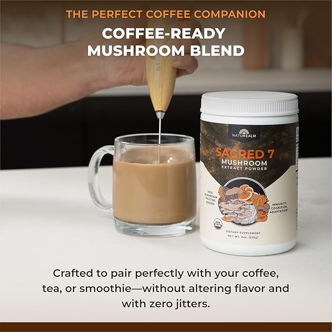 Sacred 7 Mushroom Coffee Booster | Organic Mushroom Supplement Powder – Lions Mane, Reishi, Chaga & More | Adaptogen + Nootropic | 100% Fruiting Bodies | Mix with Coffee,Tea, Smoothies - 60 Servings