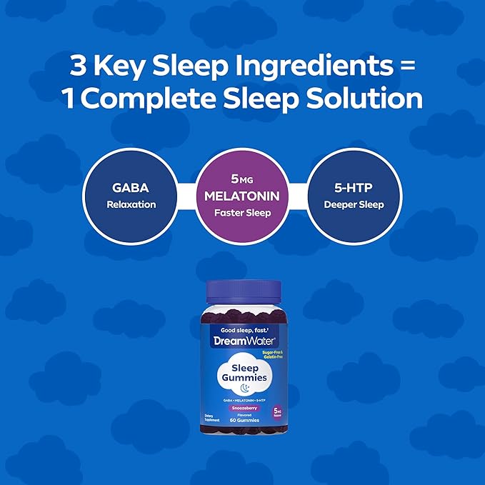Dream Water Sleep Gummies; Melatonin 5mg, GABA, 5-HTP; Natural Flavors and Colors; Helps You to Fall Asleep, Fast and Wake Refreshed, Snoozeberry, 60 Gummies
