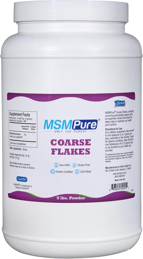 KALA HEALTH MSMPure Coarse MSM Powder Flakes – US-Sourced MSM for Joint Health, Skin Appearance, and Hair & Nail Support – 5 lb, Organic Sulfur