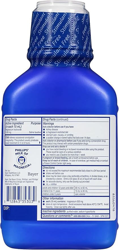 Phillips' Milk of Magnesia Liquid Laxative, 26 oz (Pack of 2) Cramp Free & Gentle Overnight Relief Of Occasional Constipation, #1 Milk of Magnesia Brand