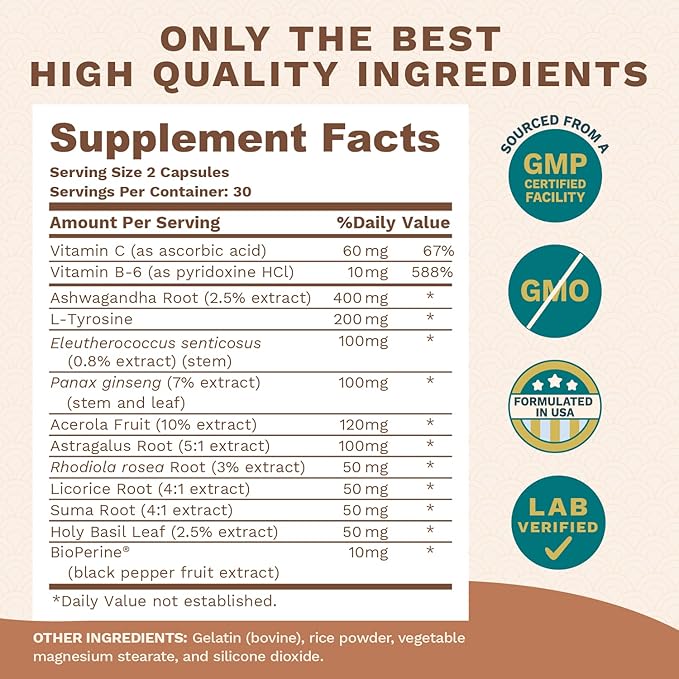 Adrenal Support for Women & Cortisol Manager with Ashwagandha Extract, Rhodiola Rosea, Vitamin B Complex - Advanced Fatigue Supplement for Relaxation, Metabolism, Sleep