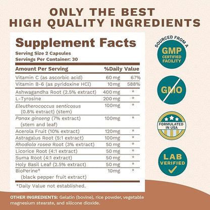 Adrenal Support for Women & Cortisol Manager with Ashwagandha Extract, Rhodiola Rosea, Vitamin B Complex - Advanced Fatigue Supplement for Relaxation, Metabolism, Sleep
