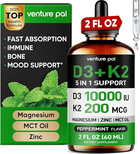 Venture Pal Vitamin D3 10000 iu Plus K2 (MK-7) 200 mcg Liquid Drops, Magnesium & Zinc MCT Oil | for Bone, Mood & Immune Health | High Absorption VIT K2 D3 Vitamin Supplement(Mint,2 Fl Oz)