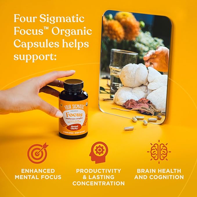 Four Sigmatic Focus Capsules | Lion's Mane Supplement Capsules | Brain Boosting Complex with Ashwagandha, Bacopa Monnieri & Rhodiola | Vegan Nootropic Adaptogen & Mushroom Supplement | 30 Servings