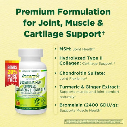 Boswellia MSM Complex + Collagen & Chondroitin | 80% Boswellic Acid | Joint Support Supplement for Mobility & Flexibility | Turmeric, Ginger, Bromelain, BioPerine® | 150 Capsules