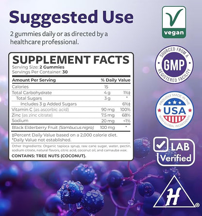 Vegan Sambucus Elderberry Gummies for Adults - Black Elderberry Vitamin C and Zinc Gummies for Daily and Seasonal Wellness - Delicious and Nutritious Immune Support Gummy (1 Month Supply)