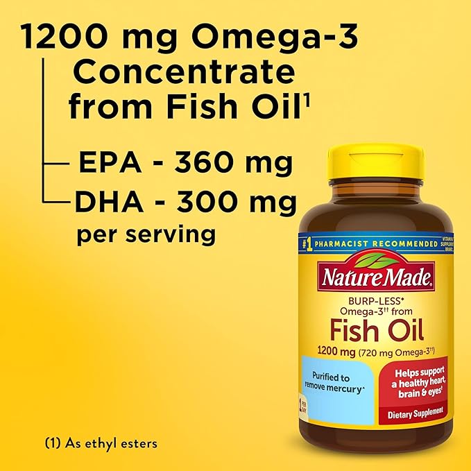 Nature Made Burp Less Omega 3 Fish Oil Supplements, 1200mg, EPA DHA Omega 3 Supplement as Ethyl Esters, Fish Oil Softgels for Healthy Heart, Brain and Eyes Support, One Per Day, 120 Softgels