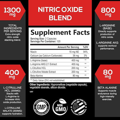 Extra Strength Nitric Oxide Supplement 3X Strength L Arginine, Citrulline Malate, AAKG, Beta Alanine - Premium Muscle Supporting Nitric Booster - Natural Energy & Heart Health Support - 240 Capsules