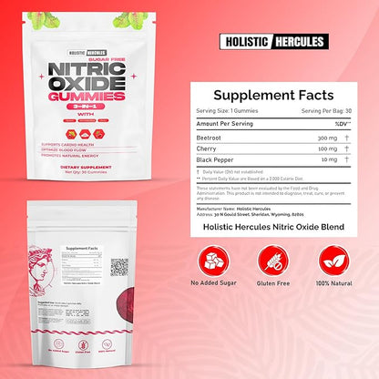 Nitric Oxide Gummies - Nitric Oxide Supplements for Men - Sugar-Free Beet Root & Cherry Chews for Energy & Circulation - Supports Heart Health & Blood Flow - Vegan, Non-GMO, 30 Count