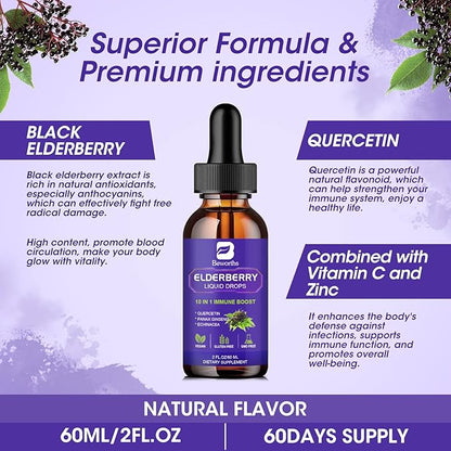 Elderberry Syrup Black Elderberry Drops with Quercetin, Panax Ginseng, Vitamin C and Zinc, Sambucus Elderberry Syrup Liquid, Vegan, Non-GMO & Gluten Free
