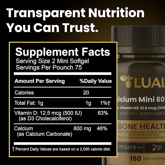 LUAL Calcium Minis 600 mg with Vitamin D3 - Bone & Muscle Support - 150 Mini Softgels - Easy to Swallow - Calcium & D3 for Strong Bones & Mobility