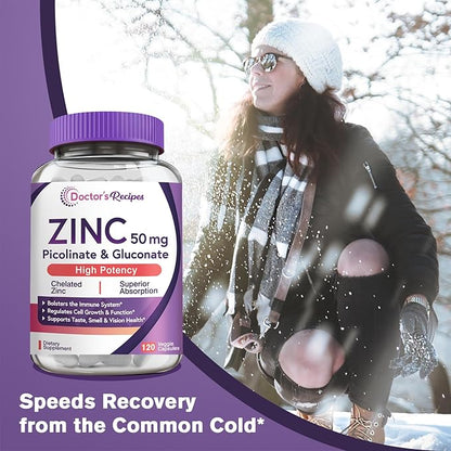 Doctor’s Recipes Zinc 50mg, Highly Absorbable Zinc Picolinate & Gluconate, Supports Natural Immune Defense, DNA & Protein Formation, Cell Growth, Non-GMO, 120 Veggie Capsules