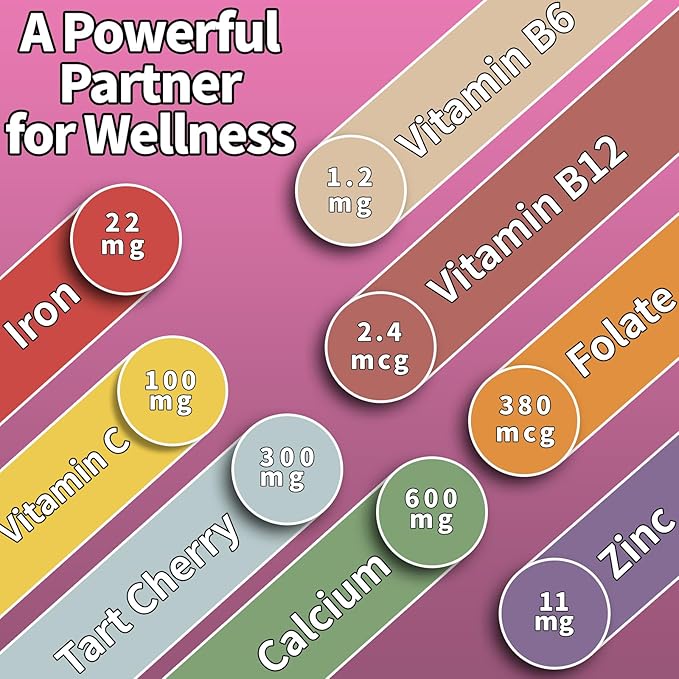 Tart Cherry Iron Supplement for Women & Men, Iron Gummies with Calcium, Zinc, Folate & Vitamin C & B12 for Immune Support, (60 Count) - Sugar Free,Vegan