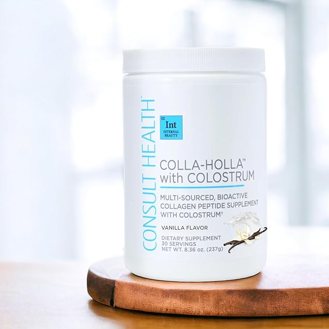 Consult Health Colla-Holla with Colostrum - Vanilla Flavor - Multi Sourced, Bioactive Collagen Peptide Hydrolyzed Powder - Supports Skin, Hair, Nails - 8.36 oz