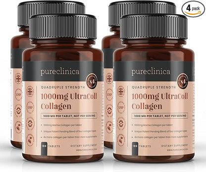pureclinica UltraColl Marine Collagen 1000mg x 720 Tablets (4 Bottles of 180 Tablets - 1 Years Supply). The only Patented Anti-Aging Collagen Types I, II, III, and VII