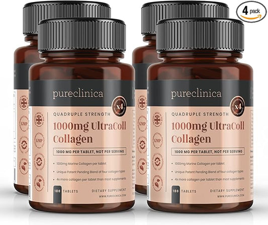 pureclinica UltraColl Marine Collagen 1000mg x 720 Tablets (4 Bottles of 180 Tablets - 1 Years Supply). The only Patented Anti-Aging Collagen Types I, II, III, and VII