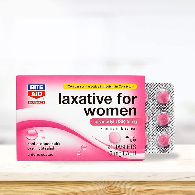 Rite Aid Stimulant Laxative Tablets, Bisacodyl USP, 5 mg - 90 Count | Constipation Relief | Coated for Easy Swallowing | Women Health | Stool Softener