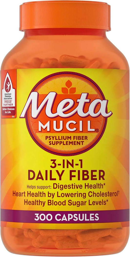 Metamucil, Daily Psyllium Husk Powder Supplement, 3-in-1 Fiber for Digestive Health, Plant Based Fiber, 300ct Capsules