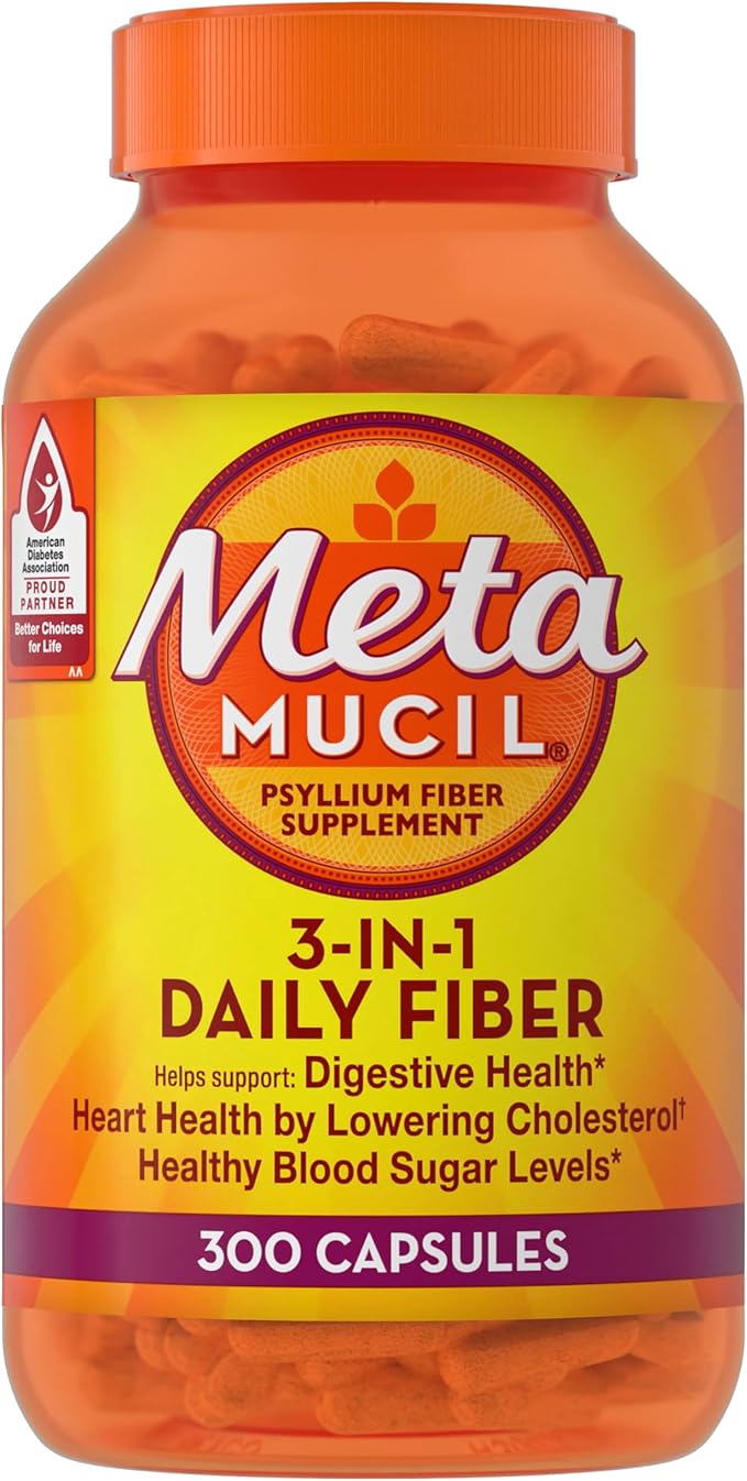 Metamucil, Daily Psyllium Husk Powder Supplement, 3-in-1 Fiber for Digestive Health, Plant Based Fiber, 300ct Capsules