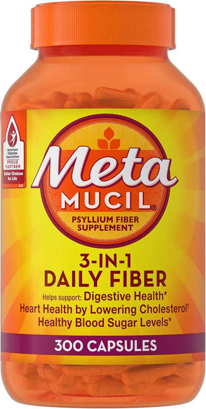 Metamucil, Daily Psyllium Husk Powder Supplement, 3-in-1 Fiber for Digestive Health, Plant Based Fiber, 300ct Capsules