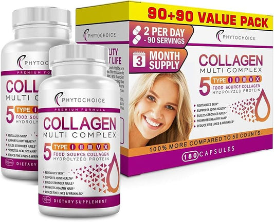 5 Type Multi Collagen Complex - Pure Hydrolyzed Collagen Protein Peptides Types I-II-III-V-X Anti-Aging Collagen Supplements for Skin, Hair Growth, Nails, Joints, for Women and Men - 180 Capsules