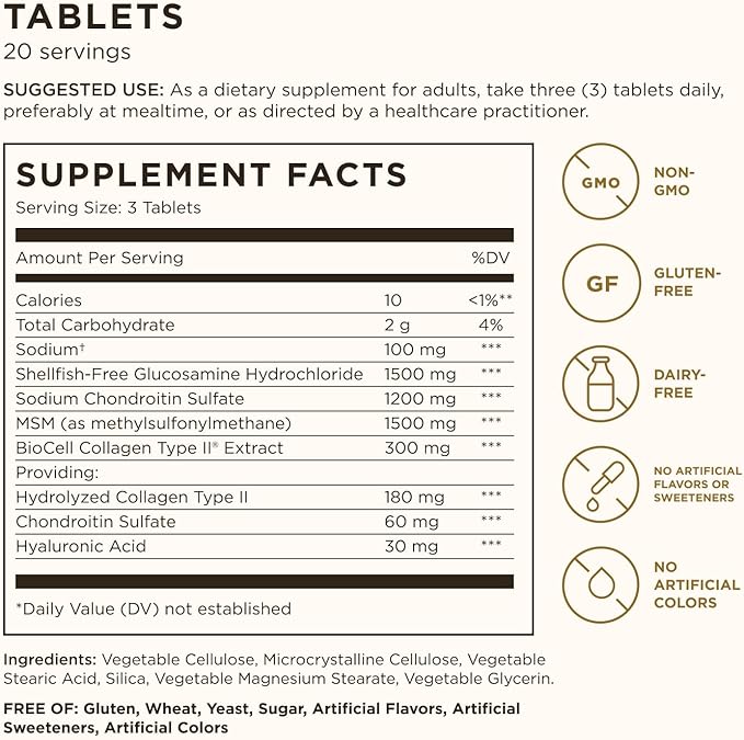 Solgar Glucosamine Hyaluronic Acid Chondroitin MSM (Shellfish-Free), 60 Tablets - Joint Support & Comfort - Supports Active Lifestyles - Non-GMO, Gluten Free, Dairy Free - 20 Servings