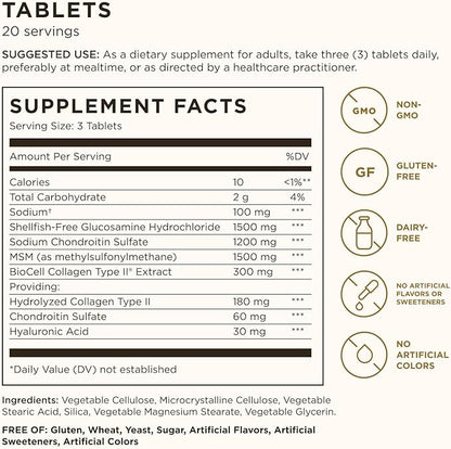 Solgar Glucosamine Hyaluronic Acid Chondroitin MSM (Shellfish-Free), 60 Tablets - Joint Support & Comfort - Supports Active Lifestyles - Non-GMO, Gluten Free, Dairy Free - 20 Servings