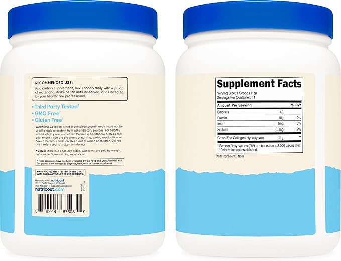 Nutricost Collagen Peptides Powder 1LB (454 G) - Grass Fed Bovine Collagen Hydrolysate (Unflavored)