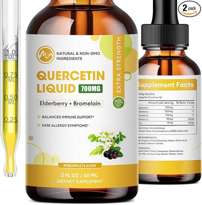 (2 Pack) Quercetin Liquid Drops - Quercetin Supplements 700mg - 4X Stronger Than Pills & Capsules - 5 in 1 Quercetin with Bromelain Elderberry Vitamin for Immunity Respiratory Wellness- 2 Fl Oz*2