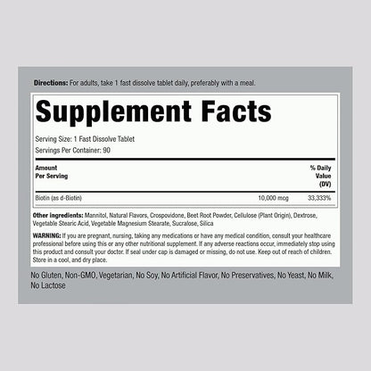Piping Rock Biotin 10000mcg Fast Dissolve Tablets | 90 Count | Berry Flavor Sublingual Pills | Max Strength and High Absorption | Vegetarian, Non-GMO, Gluten Free Supplement