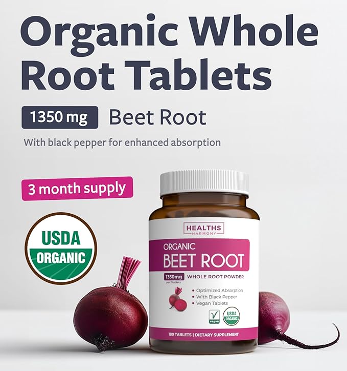 Organic Beet Root Powder Tablets - Extra Strength Beet Supplement with Black Pepper Extract for Enhanced Absorption to Support Heart Health Nitric Oxide Production & Athletic Performance (3 Months)