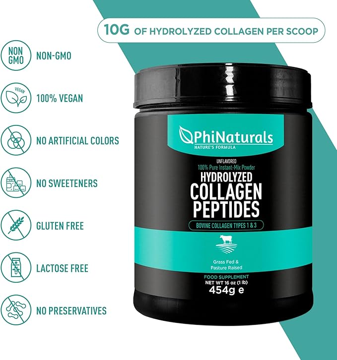 PhiNaturals Hydrolyzed Collagen Peptides Powder (unflavored) for Women and for Men - Grass Fed Bovine Beef Collagen