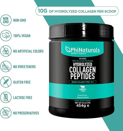 PhiNaturals Hydrolyzed Collagen Peptides Powder (unflavored) for Women and for Men - Grass Fed Bovine Beef Collagen