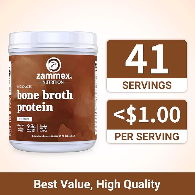 Zammex Bone Broth Protein Powder, Pure Grass Fed Beef, Chocolate Protein Powder,Hydrolyzed Collagen Supplement for Healthy Skin,Nails,Hair,Joints, Non-GMO,Gluten Free, Great in Shakes
