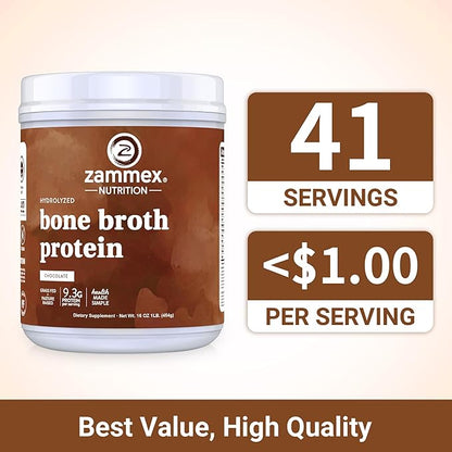 Zammex Bone Broth Protein Powder, Pure Grass Fed Beef, Chocolate Protein Powder,Hydrolyzed Collagen Supplement for Healthy Skin,Nails,Hair,Joints, Non-GMO,Gluten Free, Great in Shakes