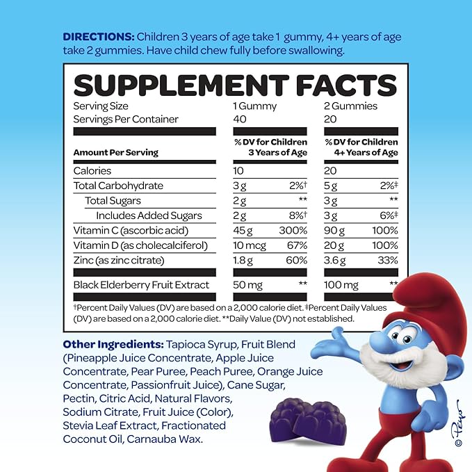 Smurfs Kids Immune Support Gummies | Black Elderberry Vitamin C and Zinc Kids Immunity Gummies | Made with Real Fruit | Doctor Developed | Non-GMO & No Artificial Flavors or Colors | 40 Gummies