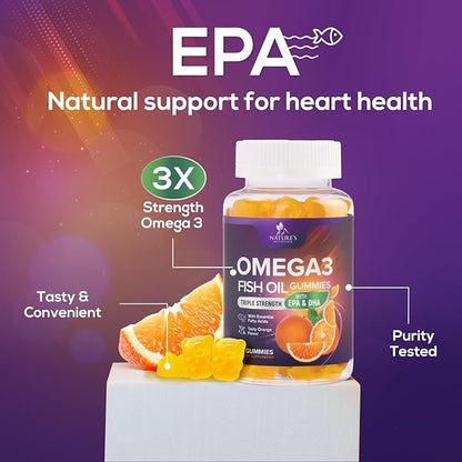 Omega-3 Gummies, Fish Oil Gummies for Adults & Kids, Omega-3 Gummy Vitamins, EPA & DHA Fish Oil Fatty Acids Gummy Supplement, Nature's Supplements for Joint, Heart Health, & Brain Support - 60 Count