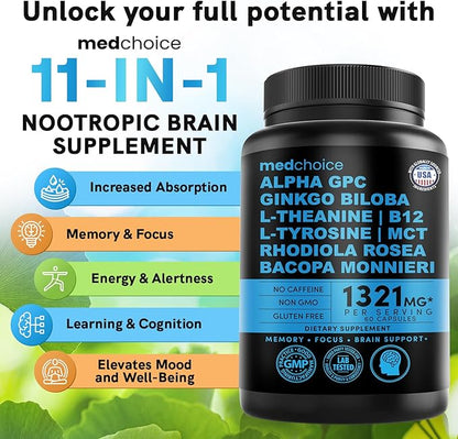 MEDCHOICE 12-in-1 Nootropic Ginkgo Biloba for Brain Support, Memory and Focus - B12, Alpha GPC, L Theanine and Choline Supplements with Bioperine Non Caffeinated 1321mg (240ct)