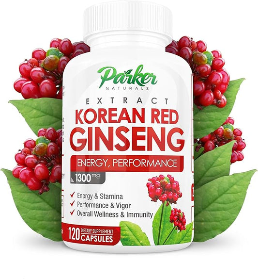 Korean Red Ginseng Extract, 1300mg Extract with Ginger Root and Black Pepper, 20% Ginsenosides Red Panax Ginseng Supplement, 120 Caps