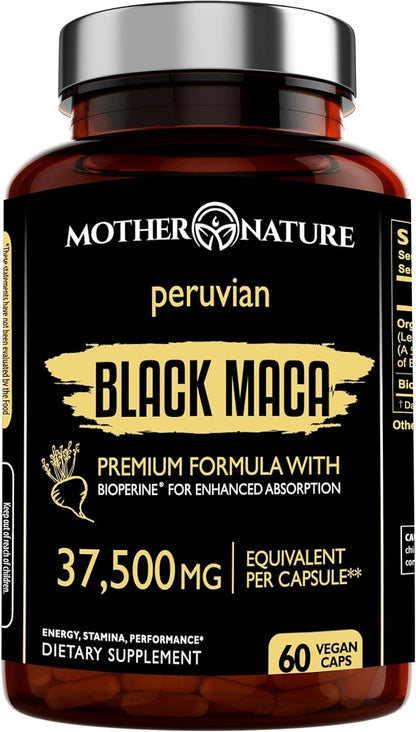 Mother Nature 37,500mg 50x Strength Organic High-Potency Peruvian Black Maca Root Capsules for Men 100% Pure Maca Peruana 50:1 Extract to Boost Stamina, Enegy, Muscle Gain - 60ct