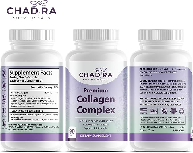 Premium Collagen Complex Type I & III Hydrolyzed Collagen Peptides for Women - Skin, Hair, Joint, & Muscle Support Collagen Supplements - Grass Fed, Non GMO - 90 Capsules