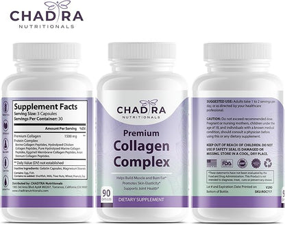Premium Collagen Complex Type I & III Hydrolyzed Collagen Peptides for Women - Skin, Hair, Joint, & Muscle Support Collagen Supplements - Grass Fed, Non GMO - 90 Capsules