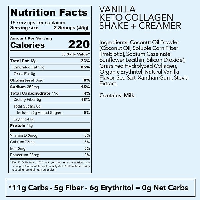 Keto Collagen Shake (Vanilla) - with Coconut Oil, Prebiotics, Grass Fed Hydrolyzed Collagen Peptides Type I & III, Low Carb, Gluten Free,1.78lbs.